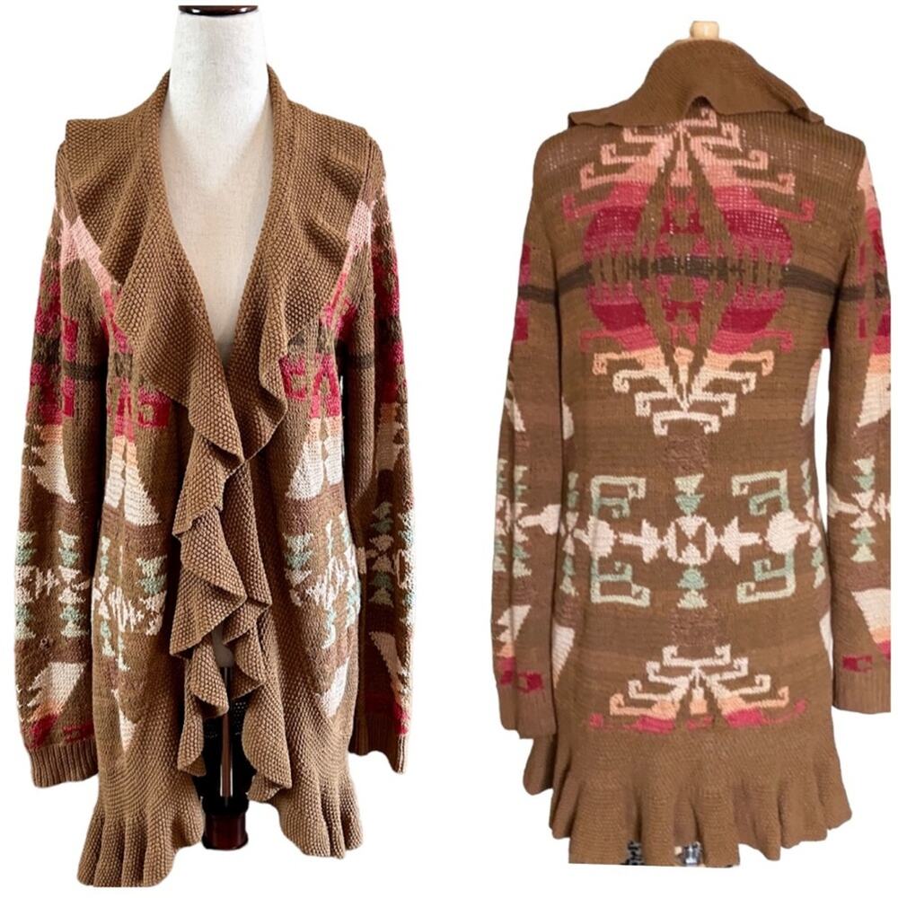 Vintage Ralph Lauren Silk & Linen Hand Knit Ruffled Southwestern Cardigan Large